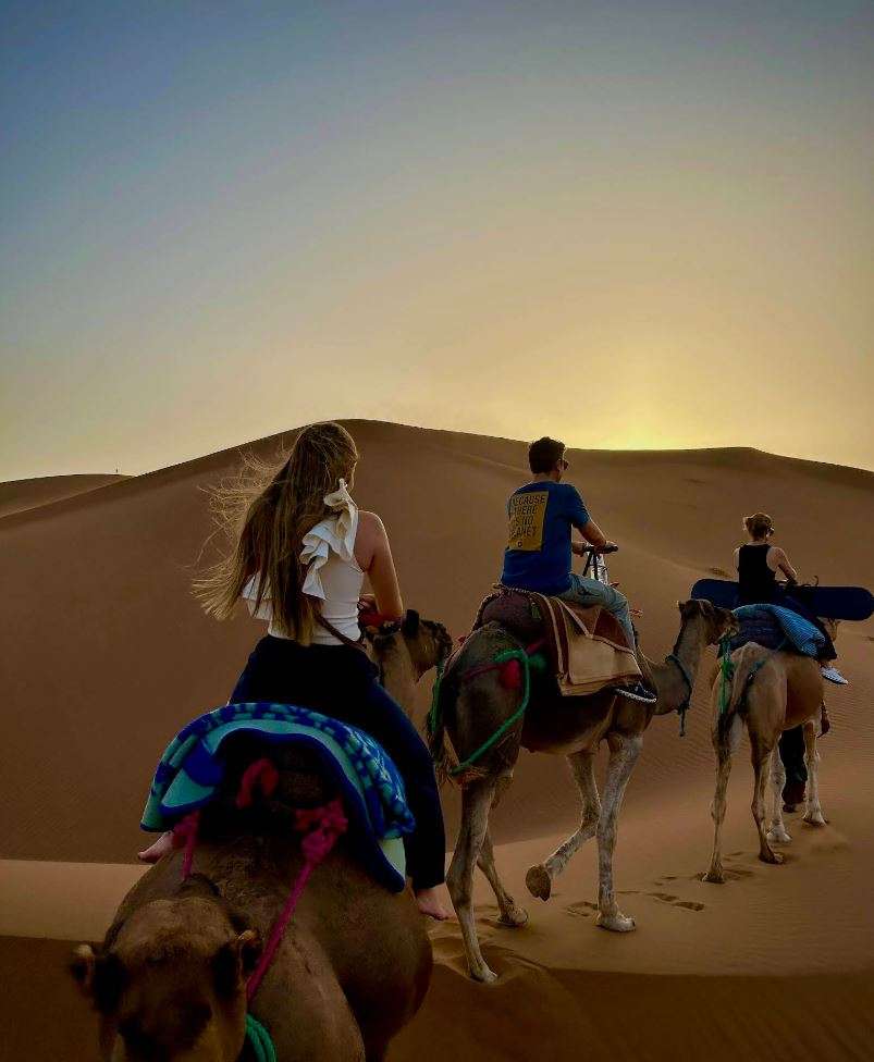Three young people on dromedaries, riding at sunset in the golden dunes of the Sahara. The first one has a sand board