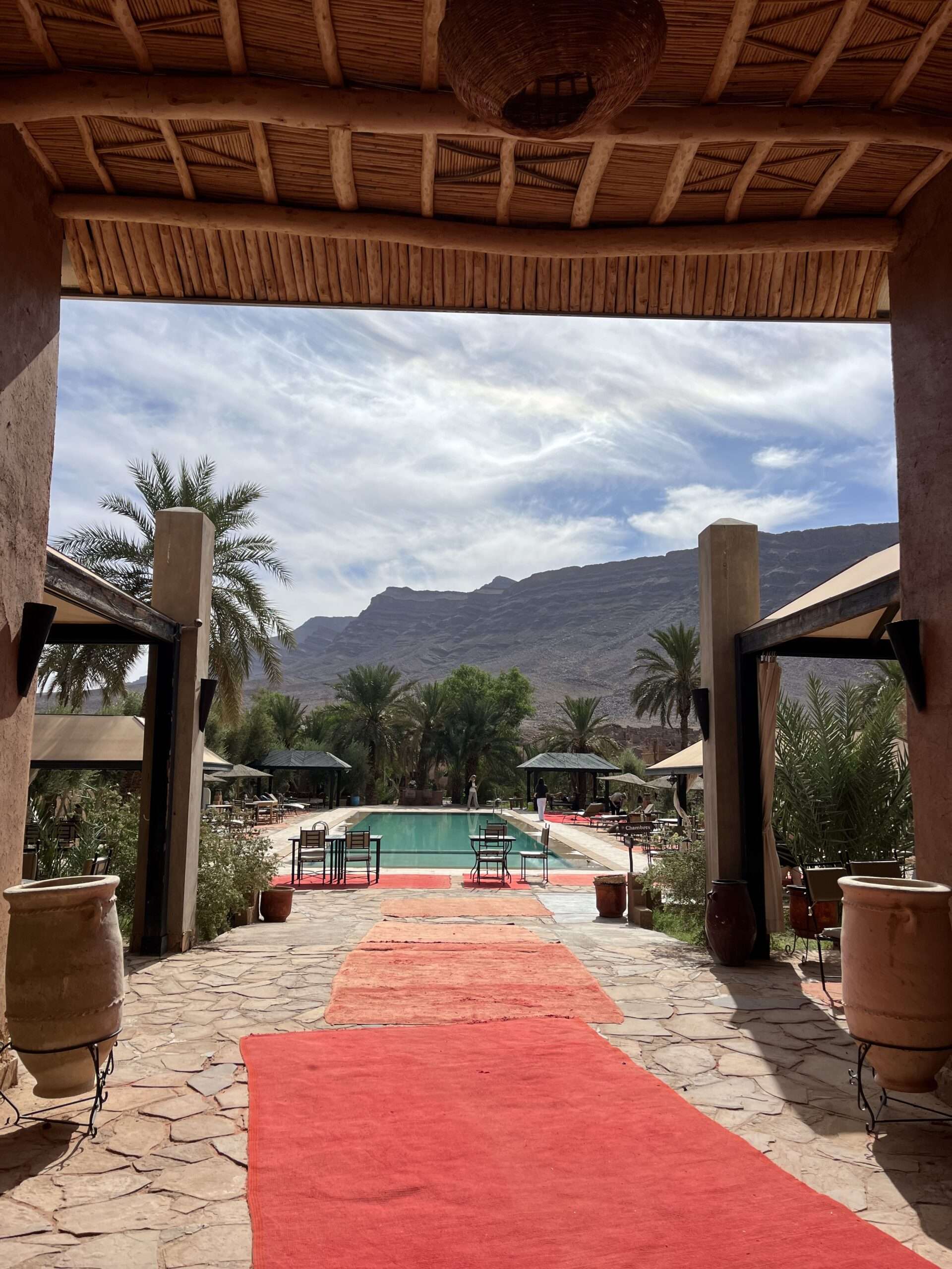 Large blue pool among palm trees and a mountain on the back. Red carpets in the front